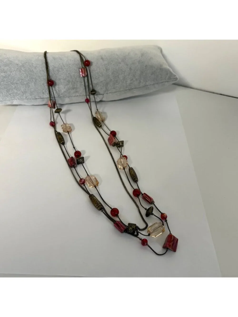 Boho-Inspired Multi-Strand Necklace Red and Clear Beads Bronze Tone Chains